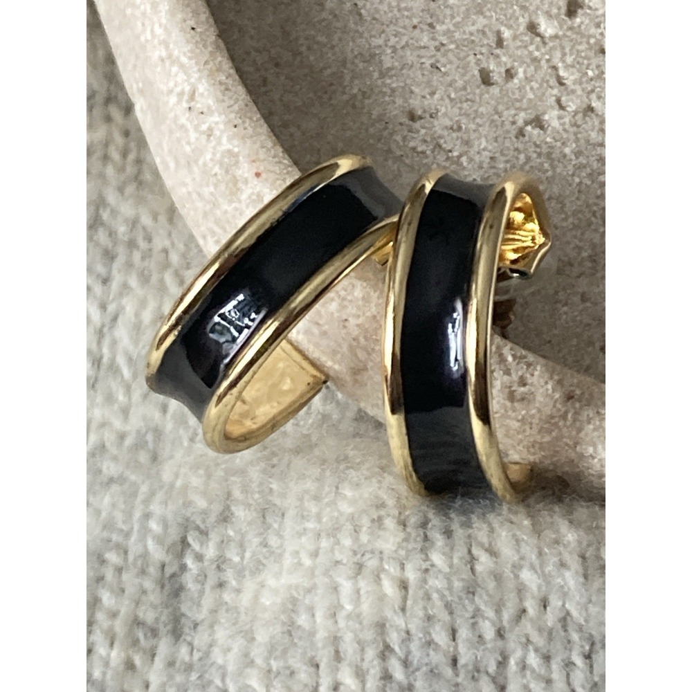 Black Enamel‎ Gold Tone Curved Hoop Earrings Classic Runway Glam Couture Bold